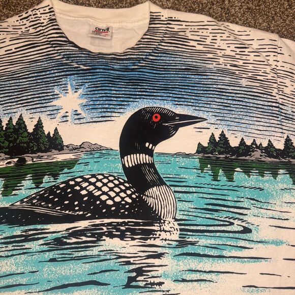 Vintage 90s Minnesota State Lottery Loon All Over Print Anvil T-Shirt Men’s XL - Picture 1 of 8
